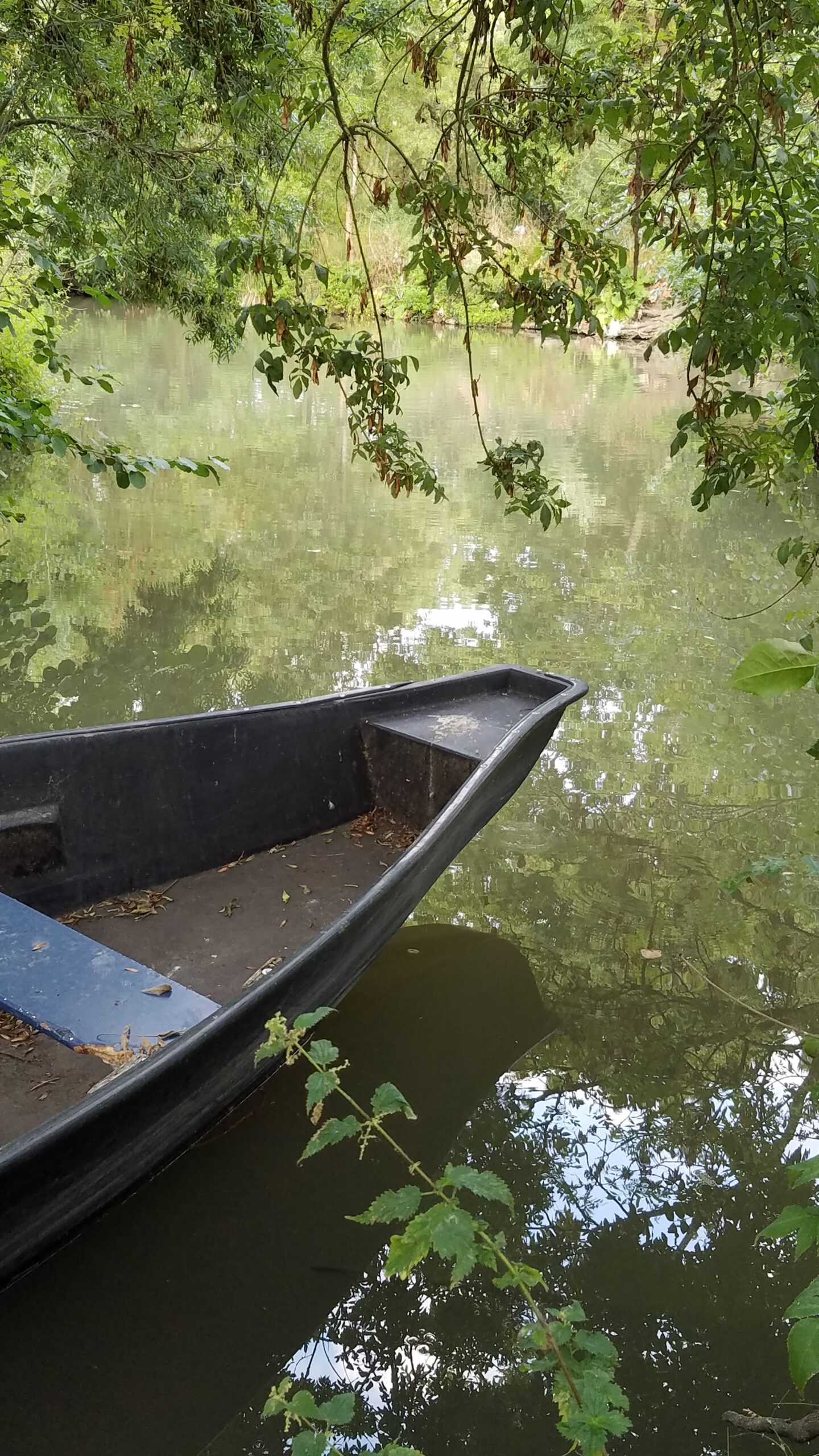 Pointe d’une barque noire immobile sur l’eau calme du Bief de la Garenne, reflets d’arbres d’été.